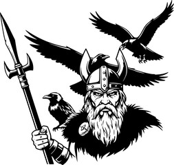 Obraz premium Odin with ravens vector black silhouette print design 
