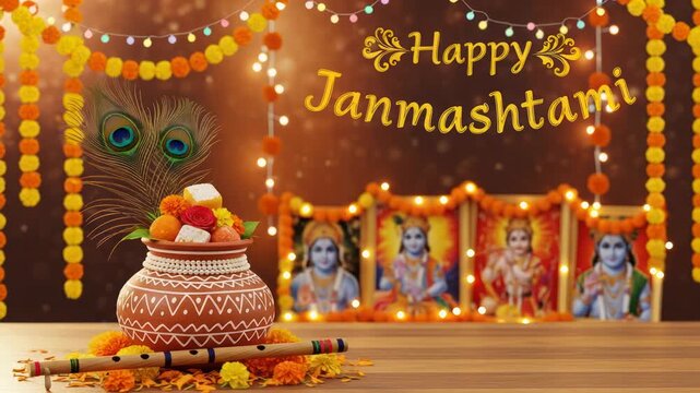 Happy Janmashtami Celebration: Peacock Feathers, Flute, Dahi Handi, and Deities