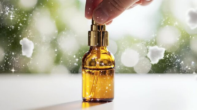 Amber Glass Spray Bottle with Magical Clouds and Sparkles representing Premium Aromatherapy Essence - 3D Render