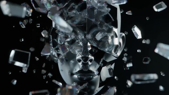 Dynamic depiction of a human-like head shattering into countless reflective fragments, symbolizing breakdown, digital fragility, and the fragmentation of identity or technology