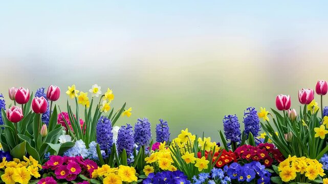 Many spring flowers, tulips, daffodils, and hyacinths bloom in a vibrant garden for a beautiful season celebration