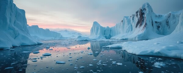 Massive icebergs float in frigid Arctic ocean waters. Ice sheets break apart melting under warm sky glow. Global warming threatens polar regions and fragile ecosystems, causing environmental crisis.
