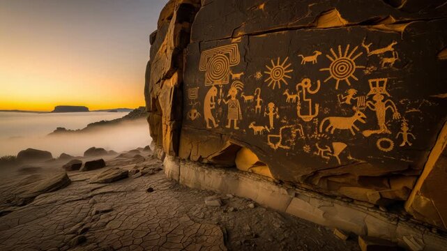 Ancient Petroglyphs on Rock Face at Sunrise with Foggy Valley Below