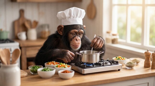 Smart Chimpanzee Chef in a White Hat Stirring a Pot Over a Kitchen Stove