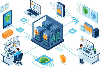 Obraz premium Data Security Isometric Network & Cyber Protection Illustration