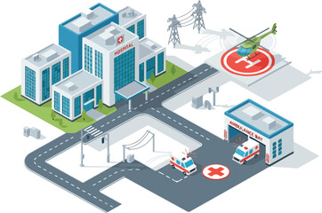 Hospital Complex Vector Illustration with Emergency Services and Helipad © Chico Store