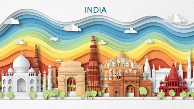Artistic paper cut representation of famous Indian monuments including Taj Mahal, India Gate, and Qutub Minar against a colorful wavy background.