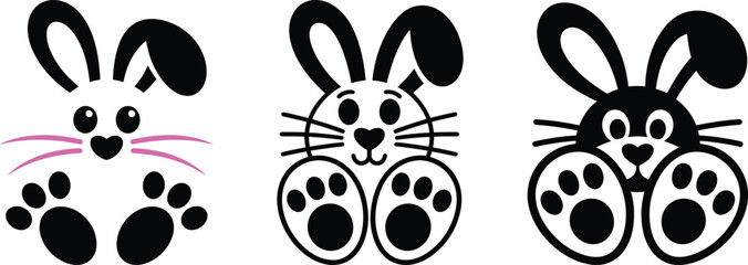 Fototapeta premium Cute Bunny Face Silhouette Set, Hand Drawn Rabbit Heads with Paws for Baby Shower and Kids Design