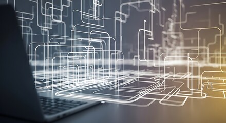 Fototapeta premium Abstract Digital Lines and Shapes on Laptop Screen in Office