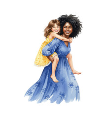 African American mother happily gives her Caucasian daughter a piggyback ride with big smiles