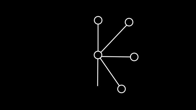 Abstract white digital network node icon animation on a black background.