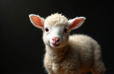 Close up portrait of a fluffy white baby lamb with big dark eyes and pink ears. Cute young farm animal looking directly at camera against a dark background.