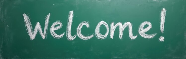 Naklejka premium Handwritten Welcome. inscription on green school blackboard. Chalk dust and erased marks suggest classroom setting. This image signifies start of new term or event, inviting students and staff.