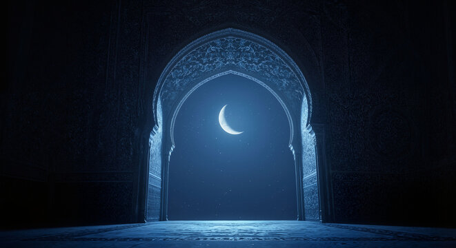 A blue moon all appears from an Islamic style door with soft blue light
