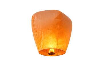 Orange sky lantern glowing with fire, floating in air, symbolizing hope, celebration, and tradition, transparent background