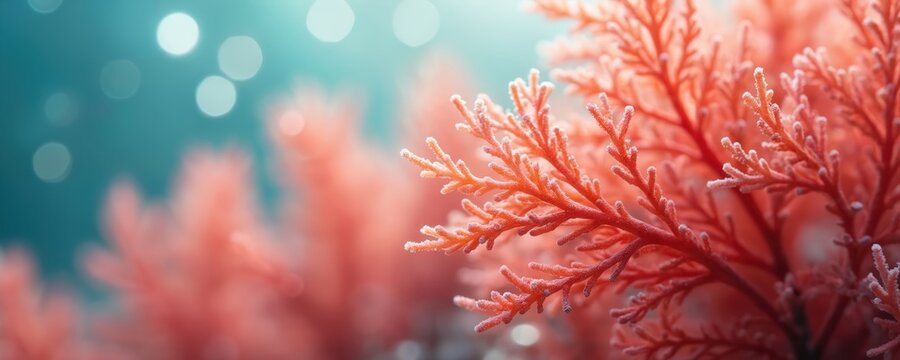 Close up underwater view of delicate red coral branch with tiny white ice like crystals on it. Soft blue bokeh lights fill background of deep ocean water.