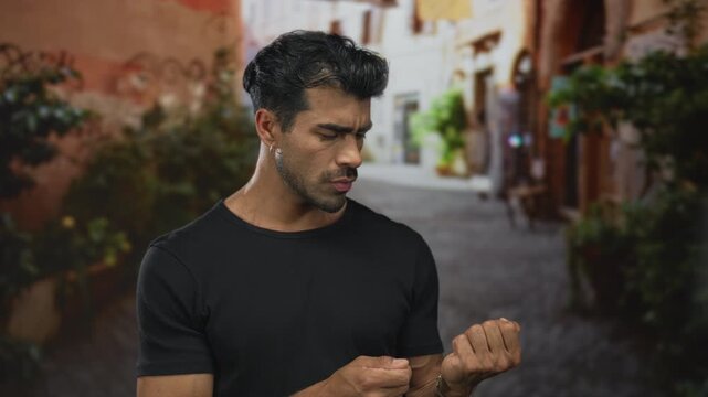 Young hispanic man in black shirt counting fingers on old town street amid weathered buildings; calculation concentration.