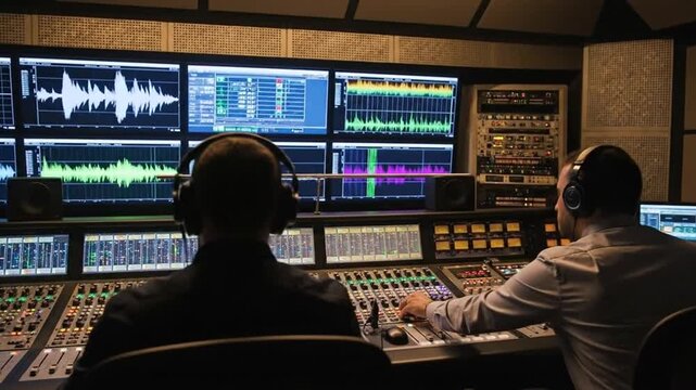 Two o engineers working at a mixing console in a professional recording studio.