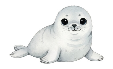 Obraz premium Cute happy baby seal pup with big black eyes smiling and lying down with playful bubbles