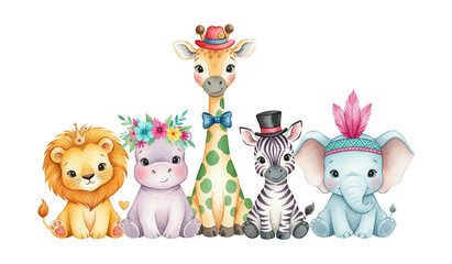 Fototapeta premium Cute baby safari animals with happy expressions adorable lion hippo giraffe zebra elephant sitting together