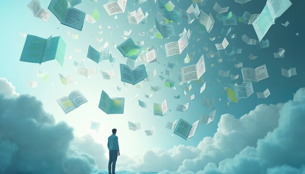 Man looks up at many open books flying in sky. Papers and journals float in air above clouds. Concept of knowledge, education, learning and research.