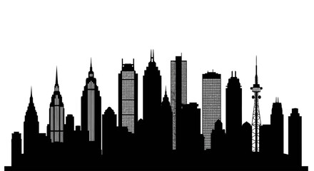 Naklejka premium Cityscape silhouette illustration featuring skyscrapers and towers from a low-angle viewpoint