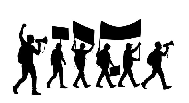 Group of protesters marching with flags and megaphones in a demonstration, viewed from the side.