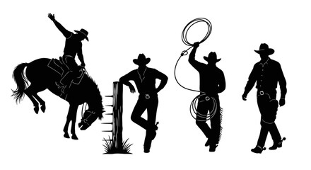 Obraz premium Cowboy riding bucking bull, rodeo rider, cowboys walking, lassoing, western lifestyle illustrations