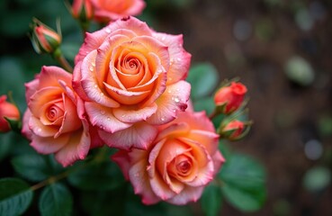 Naklejka premium Coral and pink roses with water drops bloom in summer garden. Delicate petals glow, buds appear nearby. Rich green leaves frame fragrant blossoms against dark soft background.