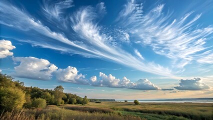 Serene landscape with vibrant blue sky and white clouds over green field