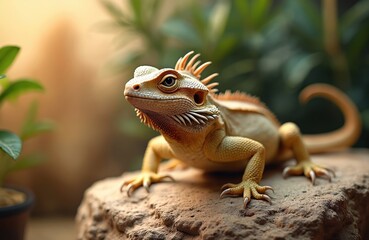 Obraz premium Bearded dragon sits on rock. This scaly reptile has spiny crest. It looks intently with its eye. Lizard in terrarium has yellow orange skin. Exotic pet is concentrated.