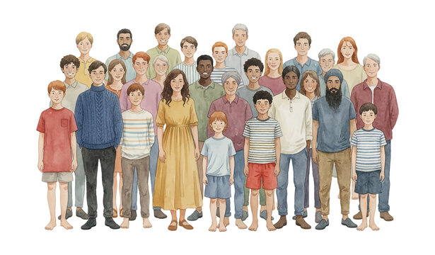 Diverse multiracial people men women and children standing together looking calm and united in a group portrait