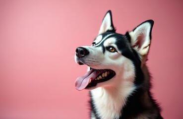 Fototapeta premium Siberian husky with open mouth looks up against pink background. Dog head studio shot with copy space. Purebred animal portrait, purebred pet.