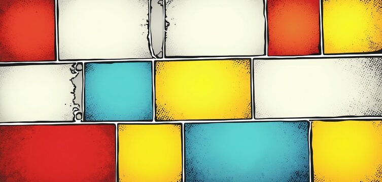 Colorful comic book panels arranged in a grid. Blank boxes provide space for text or images. Background art uses vibrant colors and halftone dots.