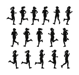Dynamic collection of female runners in silhouette showing movement and athletic activity