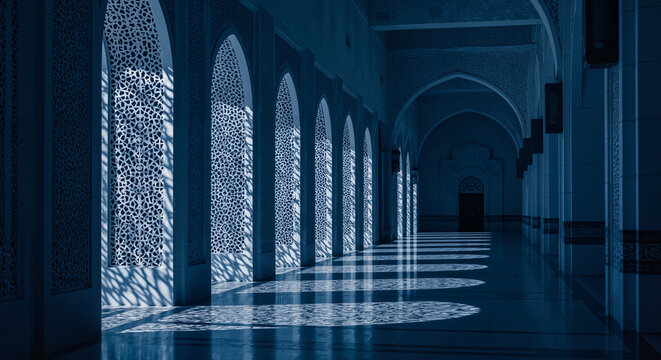 A blue moon all appears from an Islamic style door with soft blue light