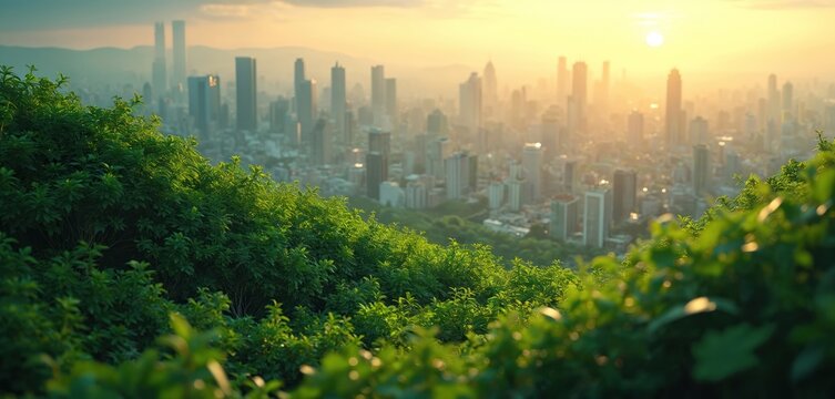 Green hillside overlooks city skyline at sunrise. Rich plants in foreground with urban buildings in background. Bright sunlight illuminates nature and city scape. Fresh morning light.