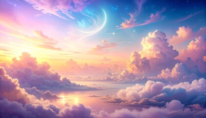 Dramatic Sunset Sky with Moon and Clouds Over Calm Ocean Horizon Landscape