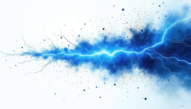 Abstract blue lightning flash against white background with dark blue smoke and black particles. Vivid electric discharge and energy burst conveys power and motion. Futuristic digital art.