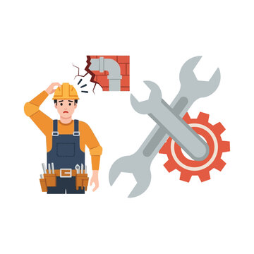 Confused plumber or construction worker facing a pipe leak problem with repair tools and equipment.