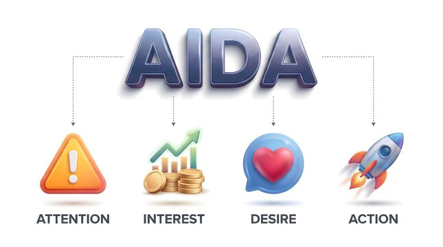 AIDA marketing model concept with attention, interest, desire, action