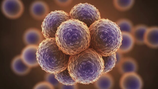 Microscopic cluster of spherical cells with textured surfaces in purple and orange, science concept