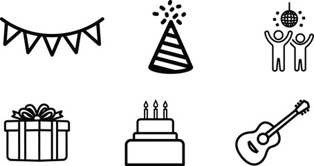 Naklejka premium Party icons including banner gift and cake