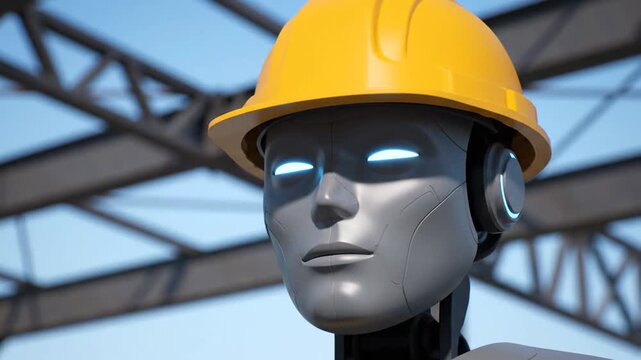 A 3D animated humanoid robot, wearing a yellow hard hat, stands stoically at a construction site with steel beams overhead against a blue sky. Its glowing blue eyes suggest focus and advanced AI duri