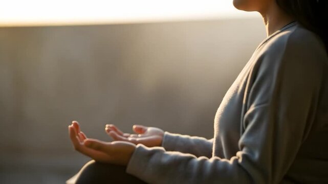 A serene woman practices meditation in a surreal environment with her hands in a peaceful gesture.