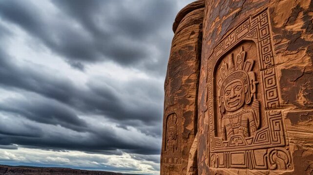 Ancient Petroglyph Carving on Red Rock Formation Under Dramatic Cloudy Sky