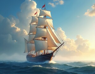 Old sailing ship moves through blue ocean waves under cloudy sky with sunrays. Tall masts hold white sails filled with wind. Maritime vessel travels on sea water.