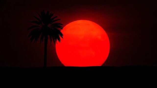 A fiery red sun slowly descends behind a lone palm tree silhouette on a dark horizon. The intense, high-contrast video evokes a synthwave or tropical retro sunset aesthetic.