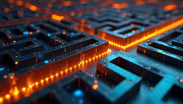Abstract 3d maze structure with glowing orange and blue lights. Complex digital network pathways, data flow. Future tech system navigation, logic grid.