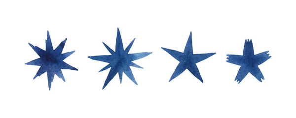 Obraz premium Four blue watercolor stars with varying points arranged horizontally on a simple white background